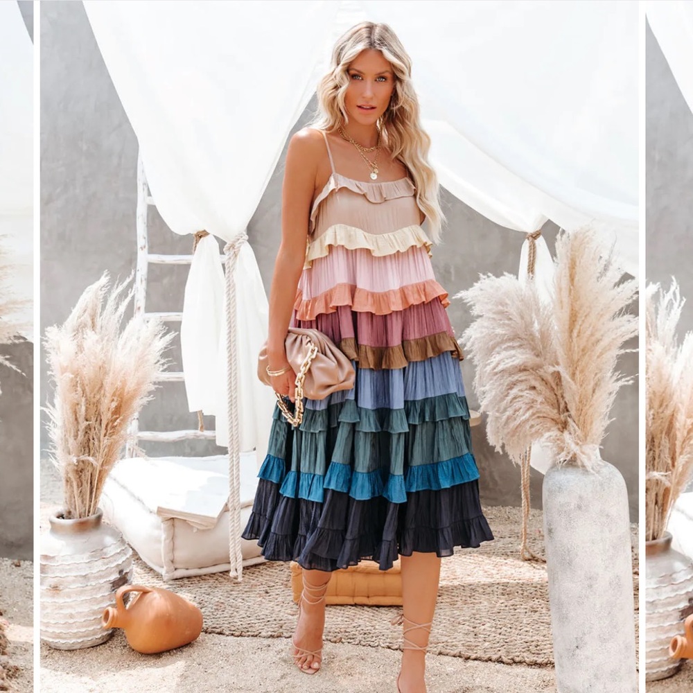 AUTUMN TONES RUFFLE TIERED MIDI DRESS